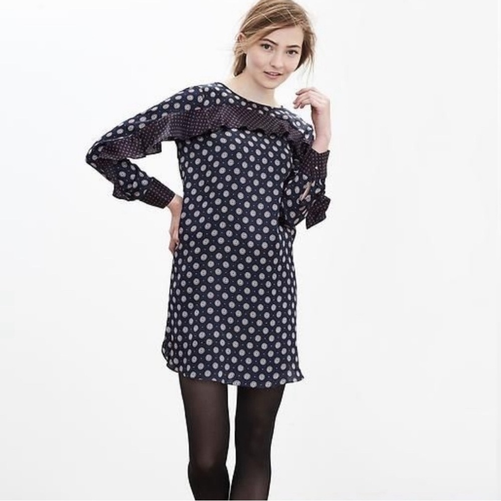 Banana Republic Navy Blue Long Ruffle Sleeve 100% Silk Printed Dress | US Size 0